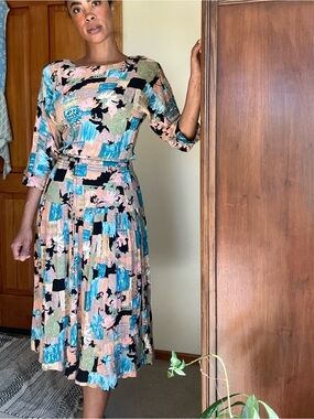 Abstract Floral Midi Dress in Teal, Pink & Black